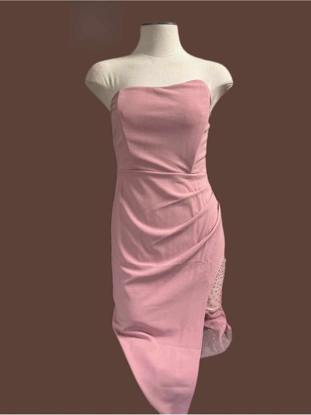 Strapless Rose Pink Asymmetric Midi Dress